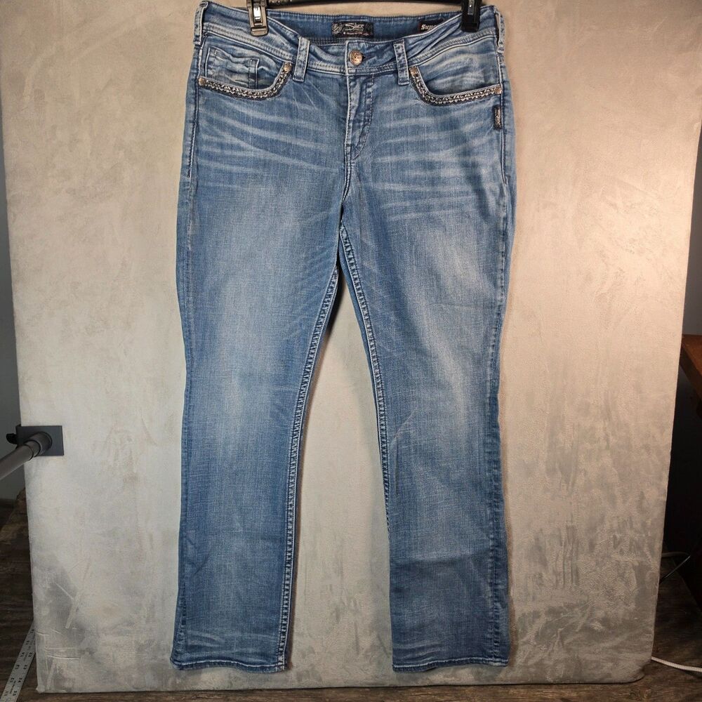 Silver Jeans Co Suki Mid Rise Bootcut Jeans Medium Wash Rhinestone Embroidered